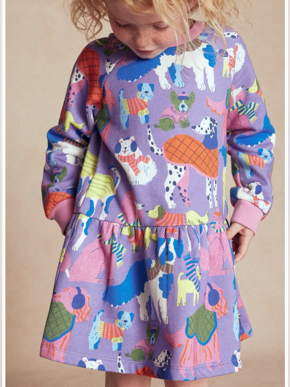 Mini Boden Girls Cozy Sweatshirt Dress Dog Design Cotton Blend Size 2-3 Yrs